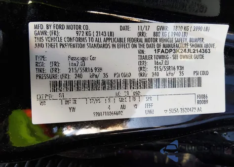 2018 Ford Focus Se z USA, uszkodzony, nr VIN 1FADP3K24JL214363